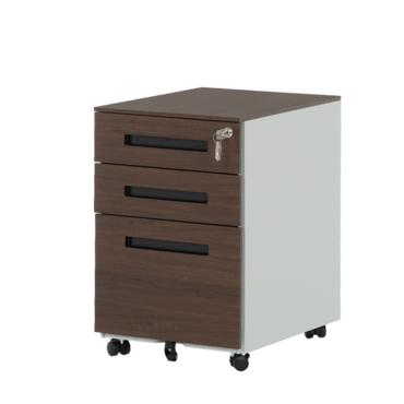 Метален контейнер K BTL с 3 чекмеджета - кафяв с черни дръжки, сниман отстрани, затворени чекмеджета, сниман от десен ъгъл