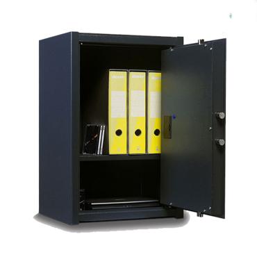 Метален сейф с ключ UNS A175, - черен, отворен, с наредени класьори вътре