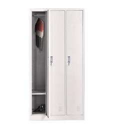 Метален гардероб FRT с 3 отделения 185х90х45 см - сниман отпред, лявата врата отворена, пълен с дрехи, сив