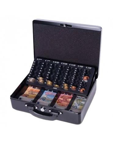 Метална кутия с евро монетник 300х245х93 мм- отворена, пълна, черна