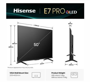 Телевизор Hisense 50' E7Q Pro, 4K Ultra HD 3840x2160, QLED, Quantum Dot, 144Hz, HDR 10+ adaptive, HLG, Dolby Vision, DTS Virtual X, Smart TV, WiFi 5GHz, WiFi Direct, BT, Anyview Cast, 3xHDMI, 2xUSB, LAN, CI+, DVB-T2/C/S2, Black
