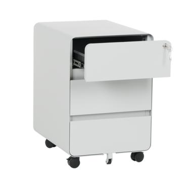 Метален контейнер K BTL с 3 чекмеджета - сив цвят, сниман под ъгъл, с отворено горно чекмедже