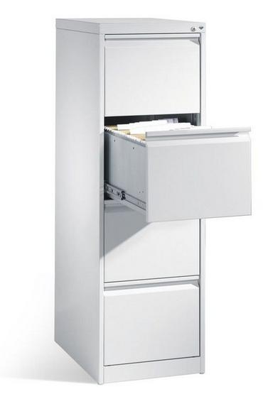 Метална картотека FRT с 4 чекмеджета - сива на цвят, снимана под ъгъл, с отворено 2-ро чекмедже, напълнено с папки