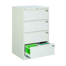 Метална картотека FRT с 4 двойни чекмеджета - снимана отстрани, сива на цвят, с отворено долно чекмедже, което е пълно със зелени папки