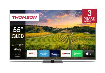 Телевизор Thomson 55' QLED Google TV; 3840 x 2160 (4K UHD), 4000:1, QLED, 60 Hz, DVB-T/T2/C/S/S2, HDR10, Wi-Fi, Bluetooth, LAN, HDMI 2 (2.0) + 2 (2.1), USB 2 (2.0) + 1 (3.0),Central Swivel Stand, Dark gray