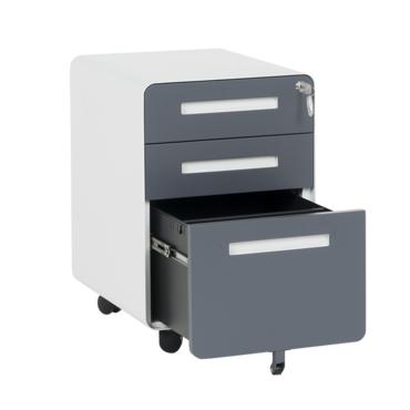 Метален контейнер H BTL с 3 чекмеджета, сив с графитени вратички, с отворено долно чекмедже, сниман под ъгъл