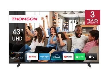 Телевизор Thomson 43' UHD Google TV; 3840 x 2160 (4K UHD), 5000:1, DLED, 60 Hz, Dolby Audio, Google Cast, DVB-T/T2/C/S/S2, HDR10,  Wi-Fi, Bluetooth, LAN, HDMI 2 (2.0) + 2 (2.1), USB 2 (2.0) + 1 (3.0), AV IN, Side Feet, Black