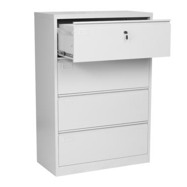 Метална картотека G BTL с 4 чекмеджета, сива на цвят, снимана в профил, най-горното чекмедже е отворено