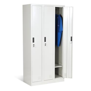 Метален гардероб BTL L с 3 отделения 185х90х45 см, бял, сниман отстрани, с дясната врата отворена, пълен с дрехи