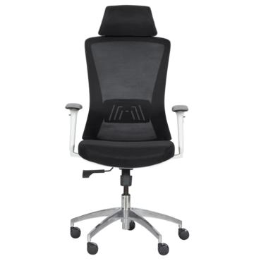 Работен стол ХЕРАКЪЛ-снимка отпред, черен меш, бели подлакътници