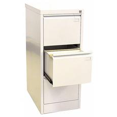 Метална картотека FRT с 3 чекмеджета - сниман леко отгоре и централно, с отворено средно чекмедже, пълно с папки, сива на цвят