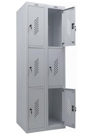 Метален гардероб PMT с 6 отделениe 183х60х50 см - сниман отстрани, горна дясна и долна дясна врата отворени, празен, сив