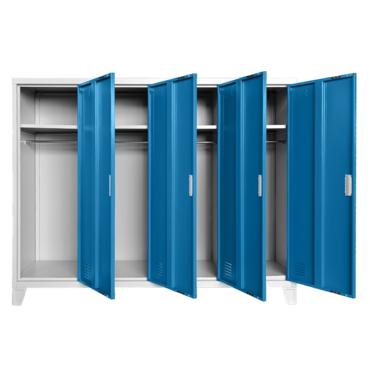 Метален гардероб BTL JZ с 4 отделения 130x160x40 см син с 4 отворени врати, по един рафт на отделение и лостове за закачалки