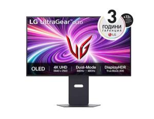 Монитор LG 32GS95UV-B, 31.5' 4K UHD OLED Dual-Mode, 0.03ms (GtG), UHD (3840x 2160), 4K 240Hz, FHD 480Hz, 1500000:1, 450 cd/m2, 1000:1, DCI-P3 98%, AMD FreeSync, NVIDIA G-Sync, DTS, Speacer 7Wx2, VRR, HDR 400, USB Down/Up-stream, HDMI, DisplayPort, Tilt, H