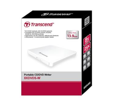 Оптично устройство Transcend 8X DVD, Slim Type, USB (White), 13.9mm Thickness