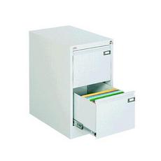 Метална картотека FRT с 2 чекмеджета - сива на цвят, сниман отстрани, с отворено долно чекмедже, напълнено с папки