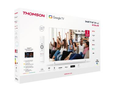 Телевизор Thomson 43' UHD Google TV; 3840 x 2160 (4K UHD), 5000:1, DLED, 60 Hz, Dolby Audio, Google Cast, DVB-T/T2/C/S/S2, HDR10,  Wi-Fi, Bluetooth, LAN, HDMI 2 (2.0) + 2 (2.1), USB 2 (2.0) + 1 (3.0), AV IN, Hotel mode, Side Feet, White