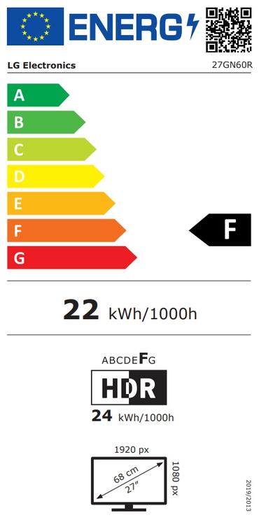 Монитор LG 27GN60R-B, UltraGear, 27' IPS, AG, 1ms GtG, 144Hz, 1000:1, 350cd/m2, Full HD 1920x1080, NVIDIA G-SYNC, Radeon FreeSync, HDR 10, sRGB 99%, HDMI, DisplayPort, Reader Mode, Headphone out, Tilt, Black