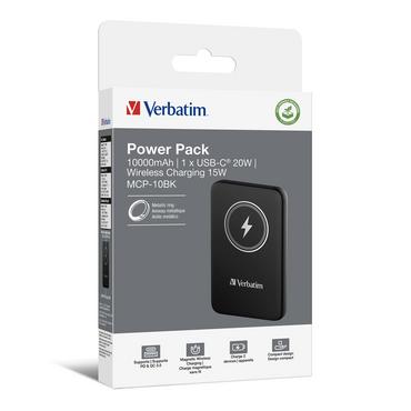 Външна батерия Verbatim MCP-10BK Power Pack 10000 mAh with UBS-C PD 20W / Magnetic Wireless Charging 15W Black