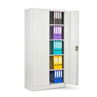 Архивен шкаф BTL E с 5 отделения 185х80х40 см- сив, с отворена дясна врата, пълен с класьори,сниман отпред