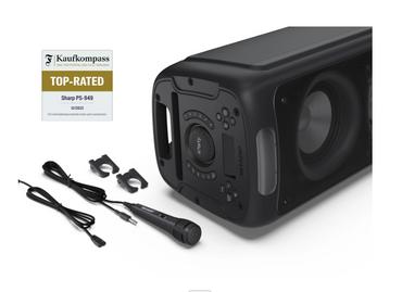 Тонколони Sharp Speakers PS-949, XPARTY STREET BEAT  2 x 8' woofers + horn tweeter, max power output 132 W, 12 h play time by built in battery, True wireless Stereo, USB Music playback and charging, DJ FX, BT 5.0, 2 x Mic/Guitar inputs, Splashproof (IPX4)
