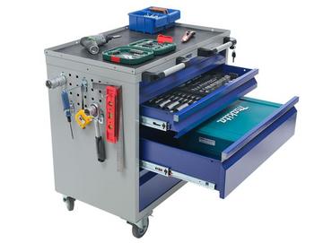 Количка индустриална S4- синя, снимана отпред, с наредени инструменти в нея