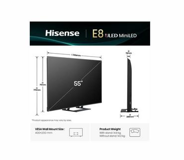 Телевизор Hisense 55' E8Q, 4K Ultra HD 3840x2160, ULED, Quantum Dot,144 Hz,HDR 10+, HLG, Dolby Vision, DTS Virtual X, Smart TV, WiFi, Light Sensor, BT, Anyview Cast, 4xHDMI, 2xUSB, LAN, CI+, DVB-T2/C/S2, Singale Stand, Black