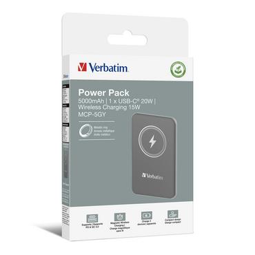 Външна батерия Verbatim MCP-5GY Power Pack 5000 mAh with UBS-C® PD 20W / Magnetic Wireless Charging 15W Grey