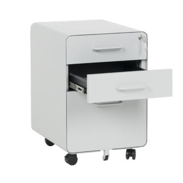 Метален контейнер A BTL с 3 чекмеджета - сиво, снимано от ляв ъгъл, с отворено средно чекмедже, празен