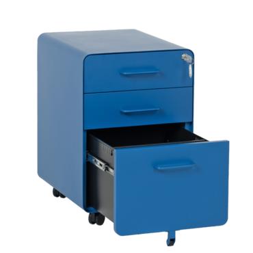 Метален контейнер A BTL с 3 чекмеджета - синьо, снимано от ляв ъгъл, с отворено долно чекмедже, празен