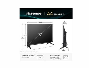 Телевизор Hisense 32' A4Q, HD 1366x768,3000:1, DLED, HLG, DTS Virtual X, Smart TV, WiFi, WiFi Direct, BT, VIDAA U7,Anyview Cast, 2xHDMI, 2xUSB, LAN, CI+, DVB-T2/C/S2, Black