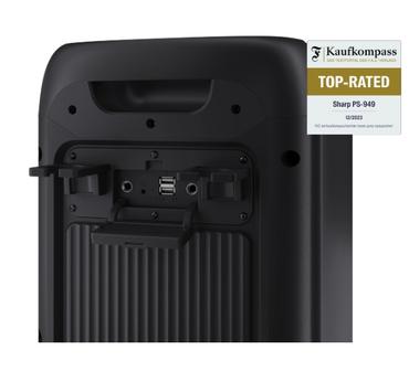 Тонколони Sharp Speakers PS-949, XPARTY STREET BEAT  2 x 8' woofers + horn tweeter, max power output 132 W, 12 h play time by built in battery, True wireless Stereo, USB Music playback and charging, DJ FX, BT 5.0, 2 x Mic/Guitar inputs, Splashproof (IPX4)