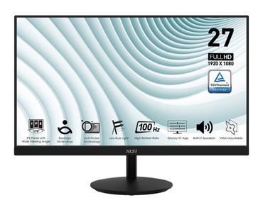 Монитор MSI PRO MP271A, 27', 1ms, 100Hz, IPS, 1920x1080 (FHD), 16:9, FLAT, Display Kit App, Adaptive-Sync, EyesErgo, Less Blue Light, 108% SRGB, AG, 300 nits, 1000:1, DP(1.2a), HDMI 1.4b, VGA, Line-in, Speakers 2x2W, Tilt, VESA, Black, 3.9kg