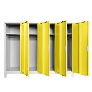 Метален гардероб детски BTL JZ с 4 отделения 130x160x40 см жълт с 4 отворени врати, по един рафт на отделение и лостове за закачалки