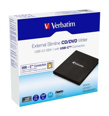 Оптично устройство Verbatim External Slimline CD/DVD Writer USB 3.2 Gen 1/USB-C