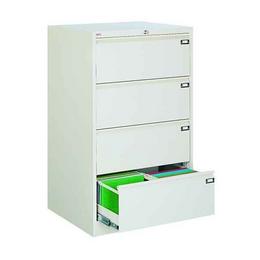 Метална картотека FRT с 4 двойни чекмеджета - снимана отстрани, сива на цвят, с отворено долно чекмедже, което е пълно със зелени папки