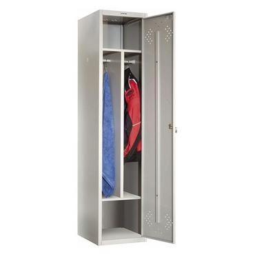 Метален гардероб PMT с 2 отделения 183х41.8х50 см - сниман отпред, с отворена врата, пълен с дрехи, сив