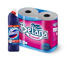 Комплект тоалетна хартия Belana Economy 4 бр. и препарат Domestos 750 мл