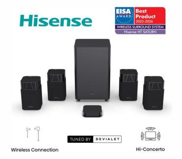 Аудио система Hisense HT Saturn, 4.1.2Ch Sound Bar with Wireless Subwoofer, 720W, Dolby Atmos, Tuned by Devialet , DTS:X,Quad Satellite Speakers , Black