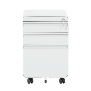 Метален контейнер V BTL с 3 чекмеджета - сниман от ляв ъгъл, сив на цвят, затворени чекмеджета, сниман в профил, сив на цвят, затворени чекмеджета