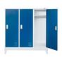Метален гардероб с 3 отделения 120x40x120 см 4 цвята - син, сниман отпред, дясна врата отворена, празен
