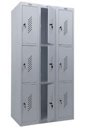 Метален гардероб PMT с 9 отделения 183х90х50 см - сниман отстрани, със средния ред врати отворени, празен, сив