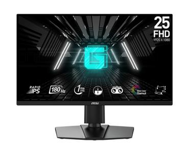 Монитор MSI G255PF E2, 24.5', 1ms, 180Hz, RAPID IPS, 1920x1080 (FHD), 16:9, FLAT, AMD FreeSync, 78% DCI-P3, AG, 300 nits, 1000:1, DCR 100M:1, DP(1.2a), 2xHDMI 2.0b, 2x2W Speaker, Pivot, Heigh Adj., VESA, Black, 5.3kg