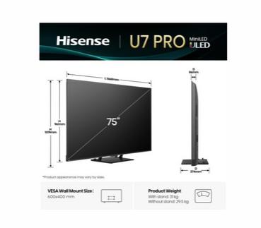 Телевизор Hisense 75'U7Q Pro, 4K Ultra HD 3840x2160, ULED, FALD, Quantum Dot, 165Hz, IPS, HDR 10+, HLG, Dolby Vision IQ, Dolby Atmos, Smart TV, WiFi 5GHz, WiFi Direct, BT, Anyview Cast,light sensor,Solar Powered Remote, 4xHDMI, 2xUSB, LAN, CI+, DVB-T2/C/S