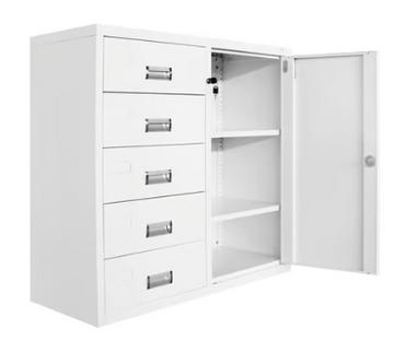 Метален контейнер UG с 5 чекмеджета  - сниман под ъгъл, дясна страна отворена, празен, бял