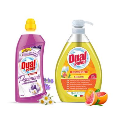 Препарат за под Dual Power 1л с лавандула и Препарат за съдове 1л Dual Power с грейпфрут, част от комплекта Dual Power