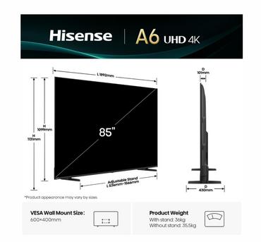 Телевизор Hisense 85' A6Q, 4K Ultra HD 3840x2160, DLED, DFA, Precision Colour, HDR 10+, HLG, Dolby Vision, DTS Virtual X, Smart TV, WiFi, Light Sensor, Gaming Mode, 1xHDMI2 eArc, 3xHDMI, 2xUSB, LAN, CI+, DVB-T2/C/S2, Black
