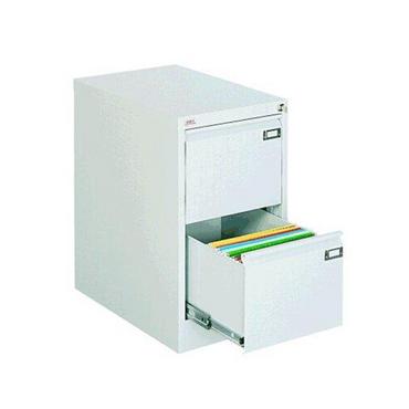 Метална картотека FRT с 2 чекмеджета - сива на цвят, сниман отстрани, с отворено долно чекмедже, напълнено с папки