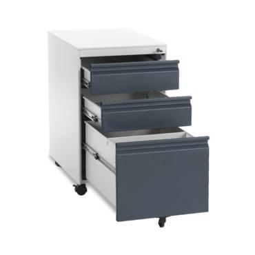 Метален контейнер L BTL с 3 чекмеджета - цвят графит, с отворени и трите чекмеджета, снимка отстрани