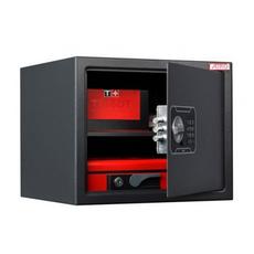 Метален сейф PMT 280 EL - черен,  отворен и пълен с червени кутии вътре